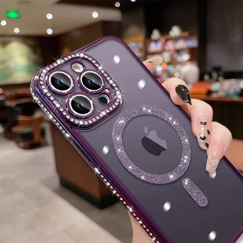 Premium Luxuriöses Rosa Diamant-Glitzer Klarlack-Handyhülle Hülle, MagSafe, Abdeckung,| Apple iPhone 15/11/12/13/14 Pro Max Plus - MagSafe, Magnetische Drahtlose Ladeabdeckung - Phone Heaven Zone