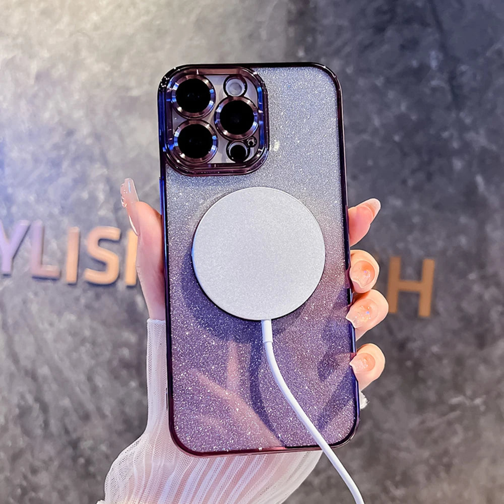 Luxus Crossbody Lanyard Gradient Glitzer Magnetgehäuse iPhone Hülle | MagSafe Case mit Kameralinsenschutzabdeckung für Apple iPhone 17/17 Air/16/16e/15/14/13 Pro Max Plus Cover | Panzertasche, Weiche TPU Plating Handyhülle | Premium Schutzhülle