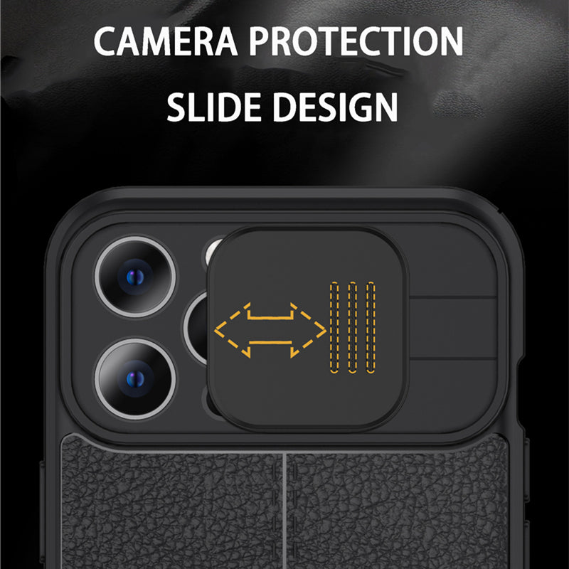 Hochwertiges Kamera Slider Objektiv mit luxuriöser Leder Textur iPhone Hülle | MagSafe Case mit Rundumschutz und Kameralinsenschutzabdeckung für Apple iPhone 17/17 Air, 16/16e, 15, 14, 13 Pro Max Plus Cover | Panzertasche Handyhülle | Premium Schutzhülle