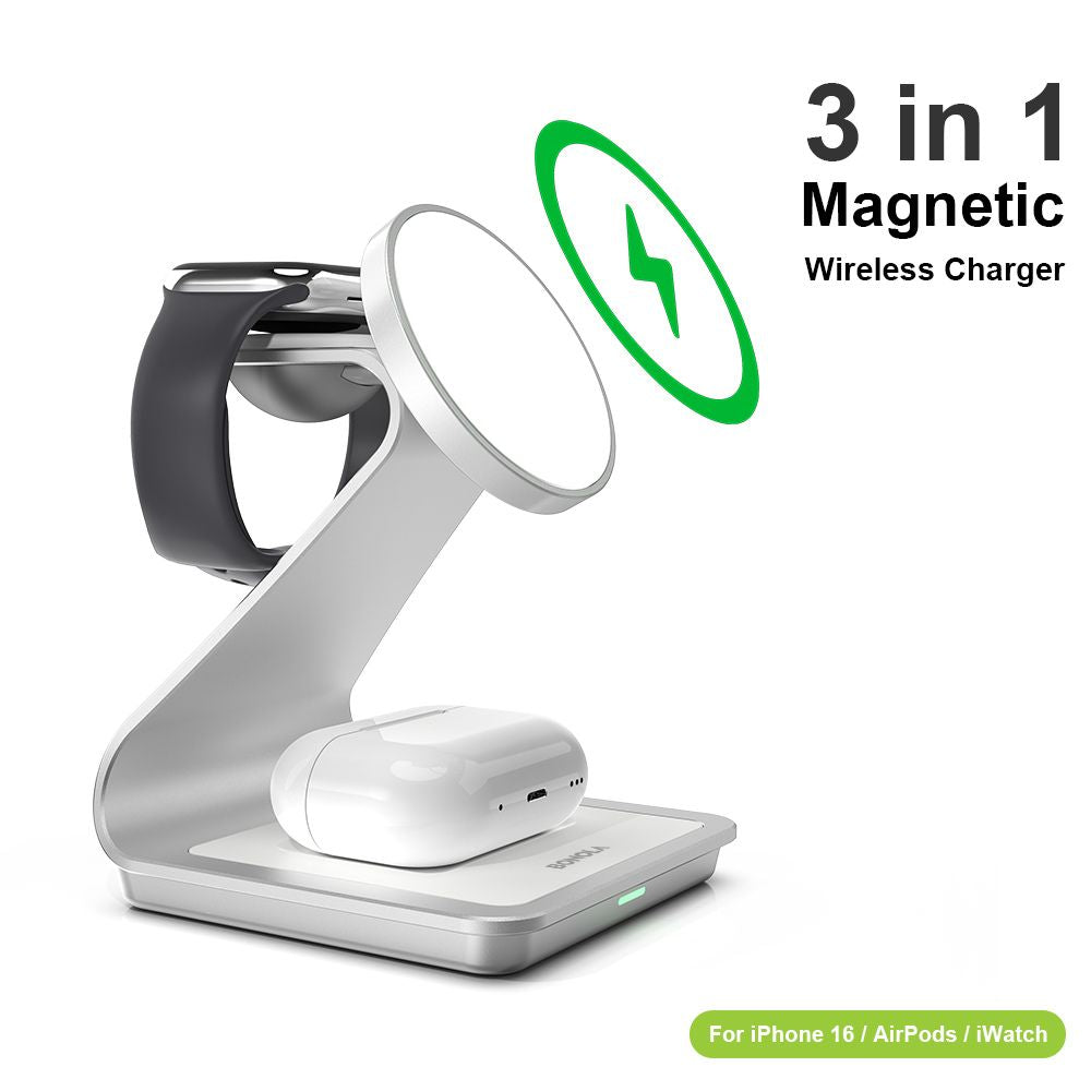 Premium 3 in 1, 30W Magnet Wireless-Ladestation | Kabelloser Charger für Smartphones, Apple iPhone, Samsung, iOS & Android Apple Watch/AirPods | Schnellladegerät Dockingstation