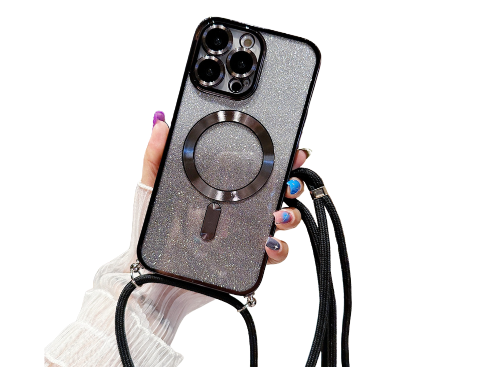 Luxus Crossbody Lanyard Gradient Glitzer Magnetgehäuse iPhone Hülle | MagSafe Case mit Kameralinsenschutzabdeckung für Apple iPhone 17/17 Air/16/16e/15/14/13 Pro Max Plus Cover | Panzertasche, Weiche TPU Plating Handyhülle | Premium Schutzhülle