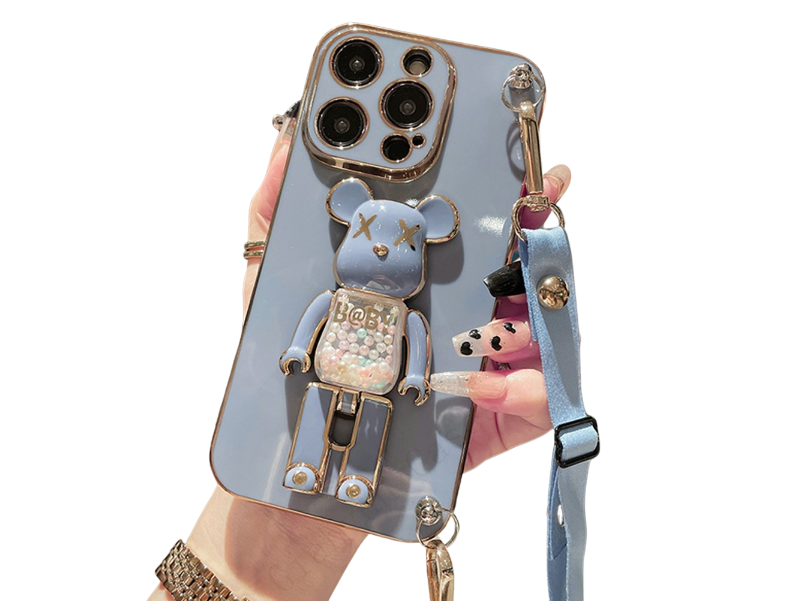 Luxus 3D Bärenhalterung Crossbody Armband mit Riemen & Lanyard iPhone Hülle | MagSafe Case mit Rundumschutz und Kameralinsenschutzabdeckung für Apple iPhone 17/17 Air, 16/16e, 15, 14, 13 Pro Max Plus Cover | Panzertasche Handyhülle | Premium Schutzhülle