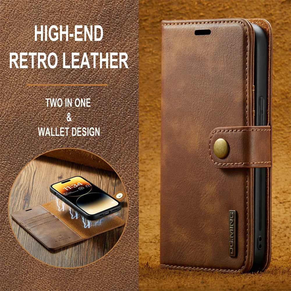 Hochwertige Abnehmbare Magnetische Leder iPhone Hülle | MagSafe Case mit Brieftasche & Kartenhalter für Apple iPhone 17/17 Air, 16/16e, 15, 14, 13 Pro Max, Plus - Rundumschutz Cover mit Kameralinsenschutz | Panzertasche & Wallet Schutzhülle