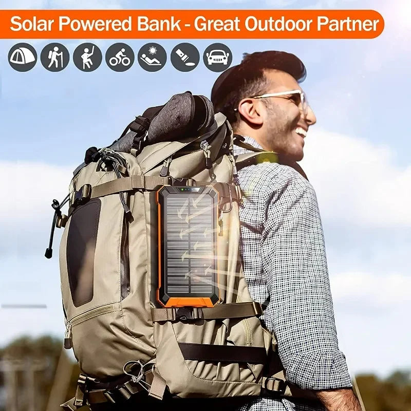 Premium Power Bank 20000mAh Solar Ladegerät | Tragbarer Externer Akku mit 5V Schnellaufladung und super heller Taschenlampe für Smartphones, Apple iPhone, Samsung, iOS & Android unterwegs