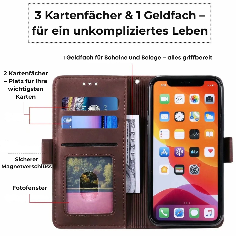 Hochwertiges Leder Flip Cover Geldbörse mit Magnetverschluss und SIM-Kartenfach iPhone Hülle | MagSafe Case, Rundumschutz und Kameralinsenschutzabdeckung für Apple iPhone 16/16e/15/14/13/12 Pro Max Plus Mini | Panzer Handyhülle, Premium Wallet Schutzhülle