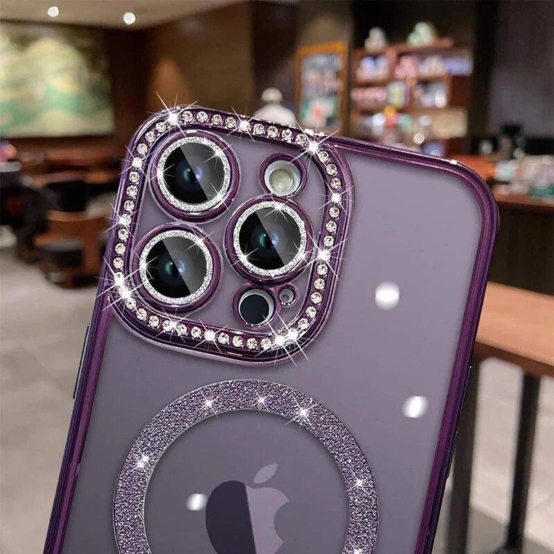 Premium Luxuriöses Rosa Diamant-Glitzer Klarlack-Handyhülle Hülle, MagSafe, Abdeckung,| Apple iPhone 15/11/12/13/14 Pro Max Plus - MagSafe, Magnetische Drahtlose Ladeabdeckung - Phone Heaven Zone