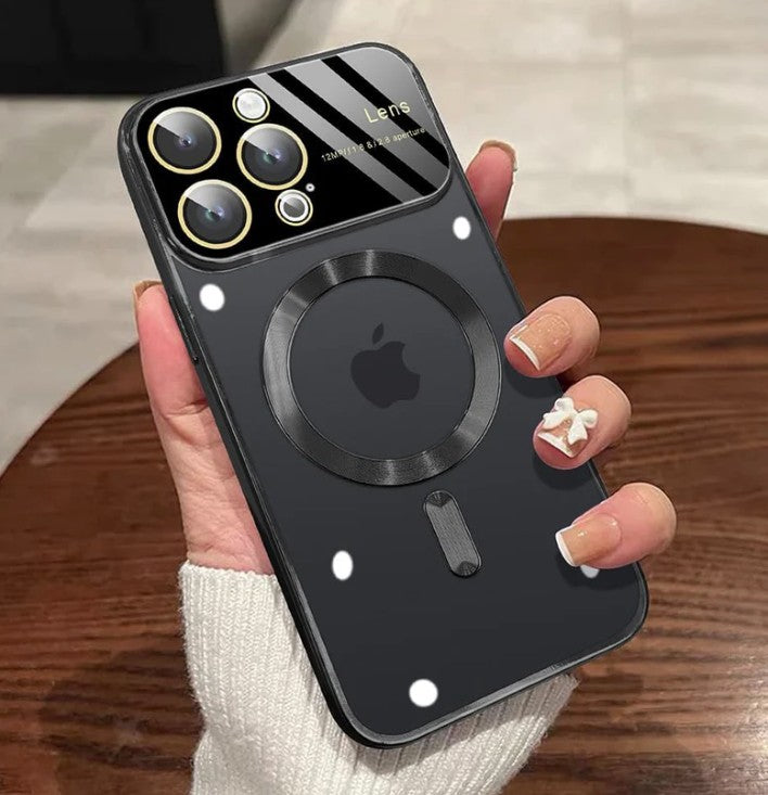 Luxus Ultra-Dünne Apple iPhone Hülle | MagSafe Case mit Kameralinsenschutz | Magnetische, Klare, Transparente, Stoßfeste & Sturzsichere Hart-PC-Glas Cover | Kratzfester Silikon-Bumper, Kabelloses Laden Handyschutzhülle