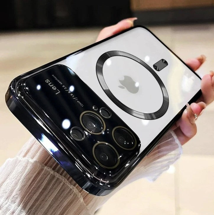 Luxus Ultra-Dünne Apple iPhone Hülle | MagSafe Case mit Kameralinsenschutz | Magnetische, Klare, Transparente, Stoßfeste & Sturzsichere Hart-PC-Glas Cover | Kratzfester Silikon-Bumper, Kabelloses Laden Handyschutzhülle