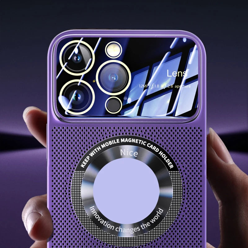 Luxus wärmeableitendes Magnetgehäuse iPhone-Hülle | MagSafe Case, galvanisiertem Metallrahmen, vergrößernder Glaslinse, Kameraschutzabdeckung für Apple iPhone 17/17 Air, 16/16e, 15, 14, 13 Pro Max Plus Cover | Panzertasche, hochwertige Handyhülle