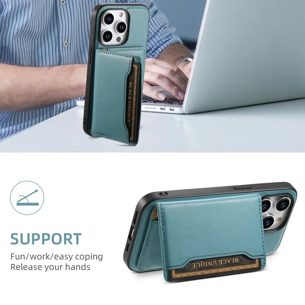 Premium Leder Magnetische Geldbörse mit Kartenhalter iPhone Hülle | MagSafe Case für Apple iPhone 17/17 Air, 16/16e, 15, 14, 13, 12 Pro Max, Plus - Rundumschutz Cover mit Kameralinsenschutz | Panzertasche Handyhülle | Wallet Schutzhülle