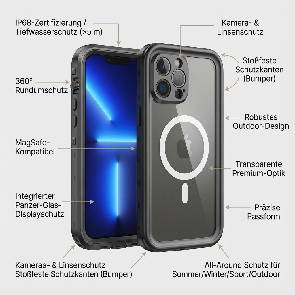 Militärstandard Wasserdichte IP68 iPhone Hülle mit MagSafe: Für Tauchen, Outdoor-Sport & Baustellen | Full Case Armor 360 Grad mit Kamera- und Bildschirmschutz | Stoßfest & Langlebig | Premium Sturzsichere Transparente Panzer-Handyschutzhülle Cover