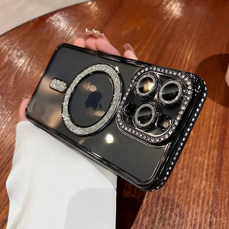 Premium Luxuriöses Rosa Diamant-Glitzer Klarlack-Handyhülle Hülle, MagSafe, Abdeckung,| Apple iPhone 15/11/12/13/14 Pro Max Plus - MagSafe, Magnetische Drahtlose Ladeabdeckung - Phone Heaven Zone