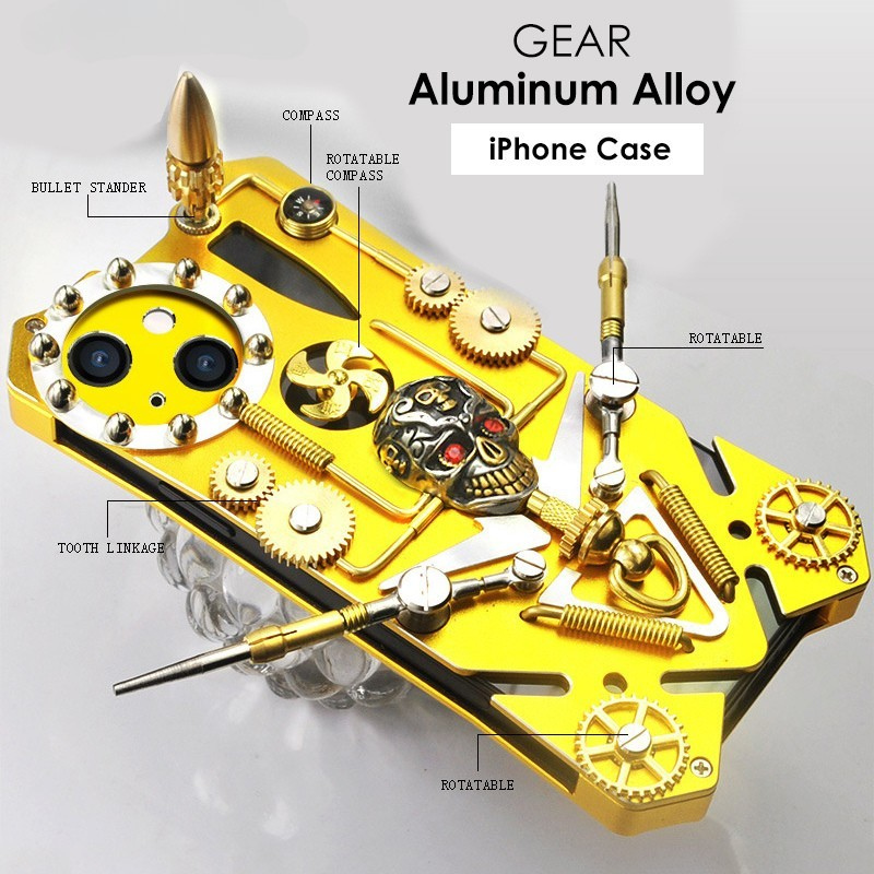 Premium Mechanisches Gaming-Design: Stoßfeste Metall-Handyhülle mit Zahnrad, Ständer | Aluminium-Kühlung, Schädel-Kompass-Case für Apple iPhone 17/17 Air, 16/16e, 15, 14, 13, 12 Pro Max Plus Mini | MagSafe Case, Rundumschutz & Kameralinsenschutz