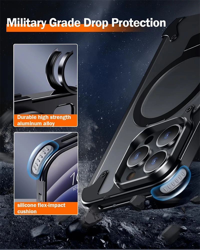 Premium Ultradünne Magnetische Randlose Matte Metall-Aluminiumständer iPhone-Hülle | MagSafe-Case Rundumschutz, Kameralinsenschutz für Apple iPhone 17/17 Air, 16/16e, 15, 14, 13 Pro Max Plus Cover | Stoßfeste Panzertasche, Stoßstangenabdeckung Schutzhülle