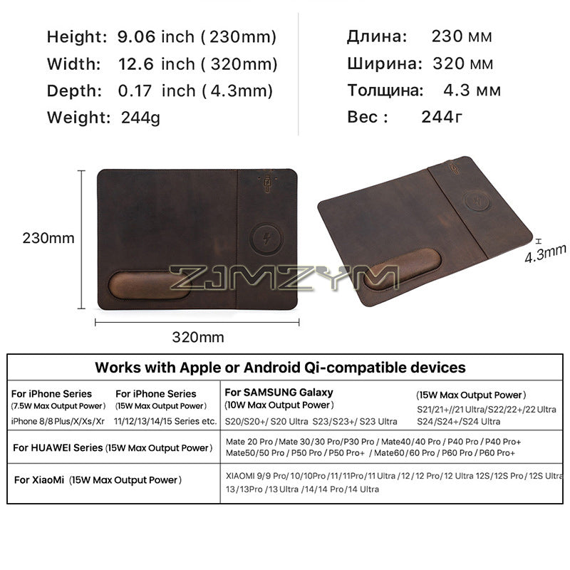 Premium Mauspad mit Qi Kabelloses Ladepad für Smartphones, Apple iPhone, Samsung, iOS & Android Watch, AirPods, Xiaomi, Huawei: USB-C, Handyhalterung, 2-in-1 PU-Leder-Matte