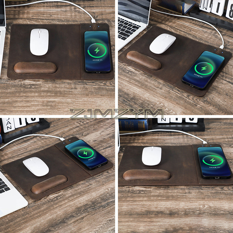Premium Mauspad mit Qi Kabelloses Ladepad für Smartphones, Apple iPhone, Samsung, iOS & Android Watch, AirPods, Xiaomi, Huawei: USB-C, Handyhalterung, 2-in-1 PU-Leder-Matte
