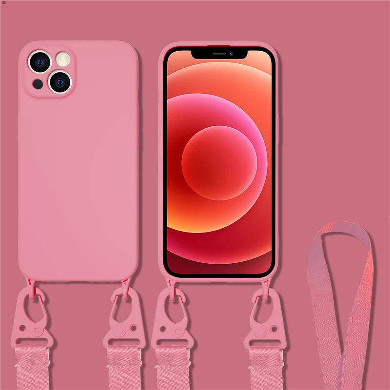 Hochwertige Crossbody-Halskettenriemen Lanyard Weiche Silikon iPhone Hülle | MagSafe Case, Kameralinsenschutzabdeckung für Apple iPhone 17/17 Air, 16/16e, 15, 14, 13 Pro Max Plus Cover – Umhängeband, Schulterriemen, Kartenhalter | Premium Schutzhülle