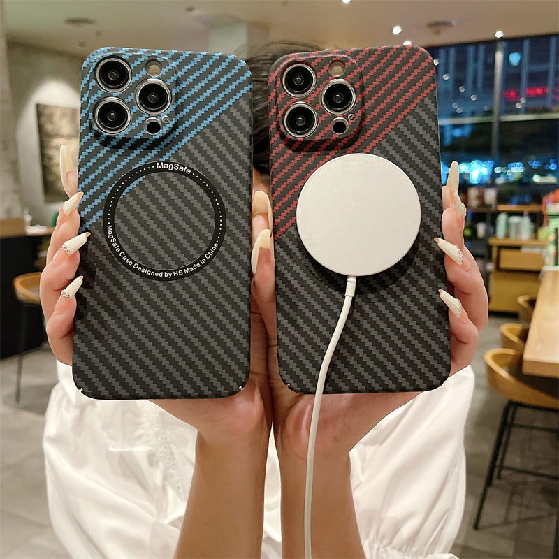 Luxus Ultradünne Kohlefaser iPhone-Hülle | MagSafe-Case mit Rundumschutz & Kameralinsenschutz für Apple iPhone 17/17 Air, 16/16e, 15, 14, 13 Pro Max Plus Cover | Stoßfeste Handyhülle mit Panzertasche & Stoßstangenabdeckung