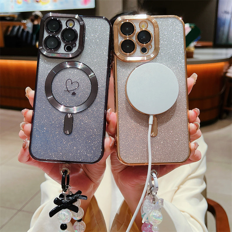 Luxus Crossbody Lanyard Gradient Glitzer Magnetgehäuse iPhone Hülle | MagSafe Case mit Kameralinsenschutzabdeckung für Apple iPhone 17/17 Air/16/16e/15/14/13 Pro Max Plus Cover | Panzertasche, Weiche TPU Plating Handyhülle | Premium Schutzhülle