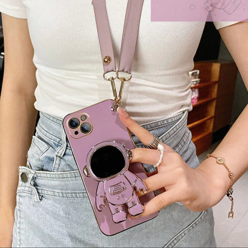 Luxus Crossbody-Lanyard Astronauten-Telefonhalterung und Ständer iPhone Hülle | MagSafe Case mit Rundumschutz und Kameralinsenschutzabdeckung für Apple iPhone 17/17 Air, 16/16e, 15, 14, 13 Pro Max Plus Cover | Panzertasche Handyhülle | Premium Schutzhülle