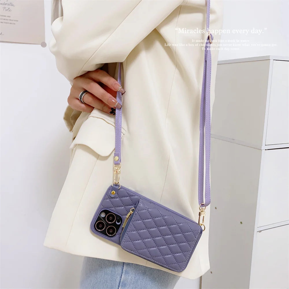 Luxus Leder Geldbörse Reißverschluss Crossbody Lanyard iPhone Hülle | MagSafe Case, Kameralinsenschutzabdeckung: Apple iPhone 17/17 Air, 16/16e, 15, 14, 13 Pro Max Plus Cover – Umhängeband, Schulterriemen, Kartenhalter Handyhülle | Premium Schutzhülle