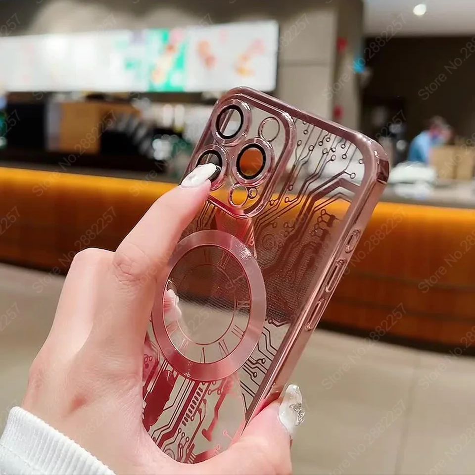 Premium Mechanische Uhr Textur Design Magnetische MagSafe Transparente iPhone-Hülle | Rundumschutz & Kameralinsenschutz Case für Apple iPhone 17/17 Air, 16/16e, 15, 14, 13 Pro Max Plus Cover | Stoßfeste Handyhülle mit Panzertasche & Stoßstangenabdeckung