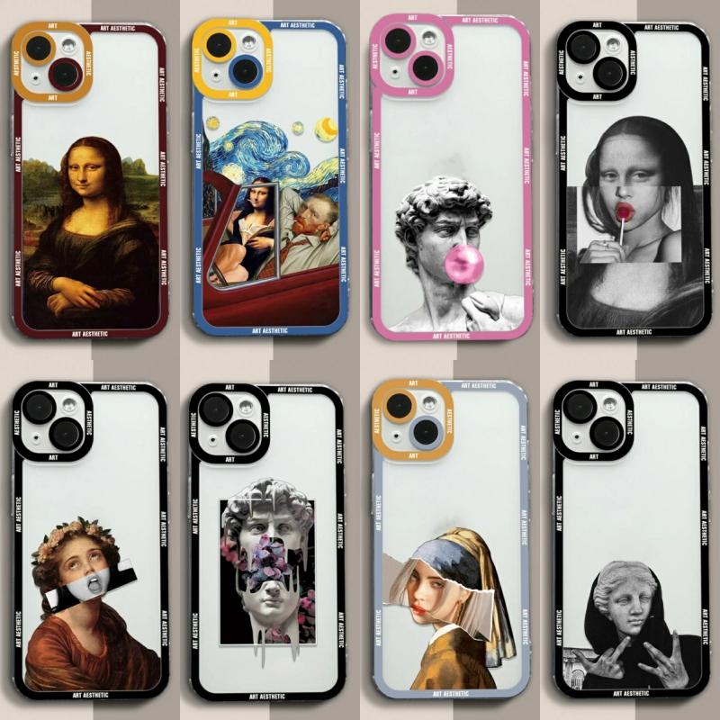 Premium Kunst Ästhetisches History Design: 'David & Mona Lisa' Klare iPhone-Hülle | MagSafe-Case Rundumschutz & Kameralinsenschutz für Apple iPhone 17/17 Air, 16/16e, 15, 14, 13 Pro Max Plus Cover | Stoßfeste Handyhülle Panzertasche Stoßstangenabdeckung