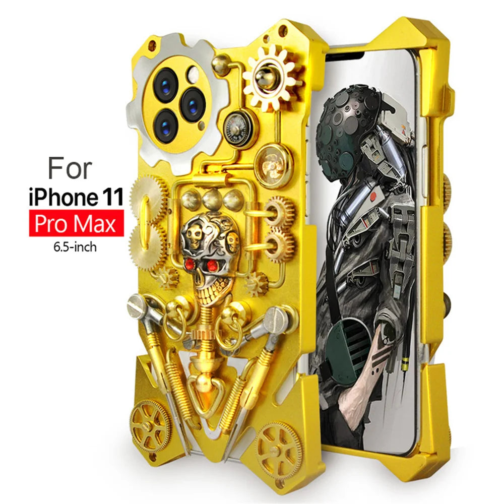 Premium Mechanisches Gaming-Design: Stoßfeste Metall-Handyhülle mit Zahnrad, Ständer | Aluminium-Kühlung, Schädel-Kompass-Case für Apple iPhone 17/17 Air, 16/16e, 15, 14, 13, 12 Pro Max Plus Mini | MagSafe Case, Rundumschutz & Kameralinsenschutz