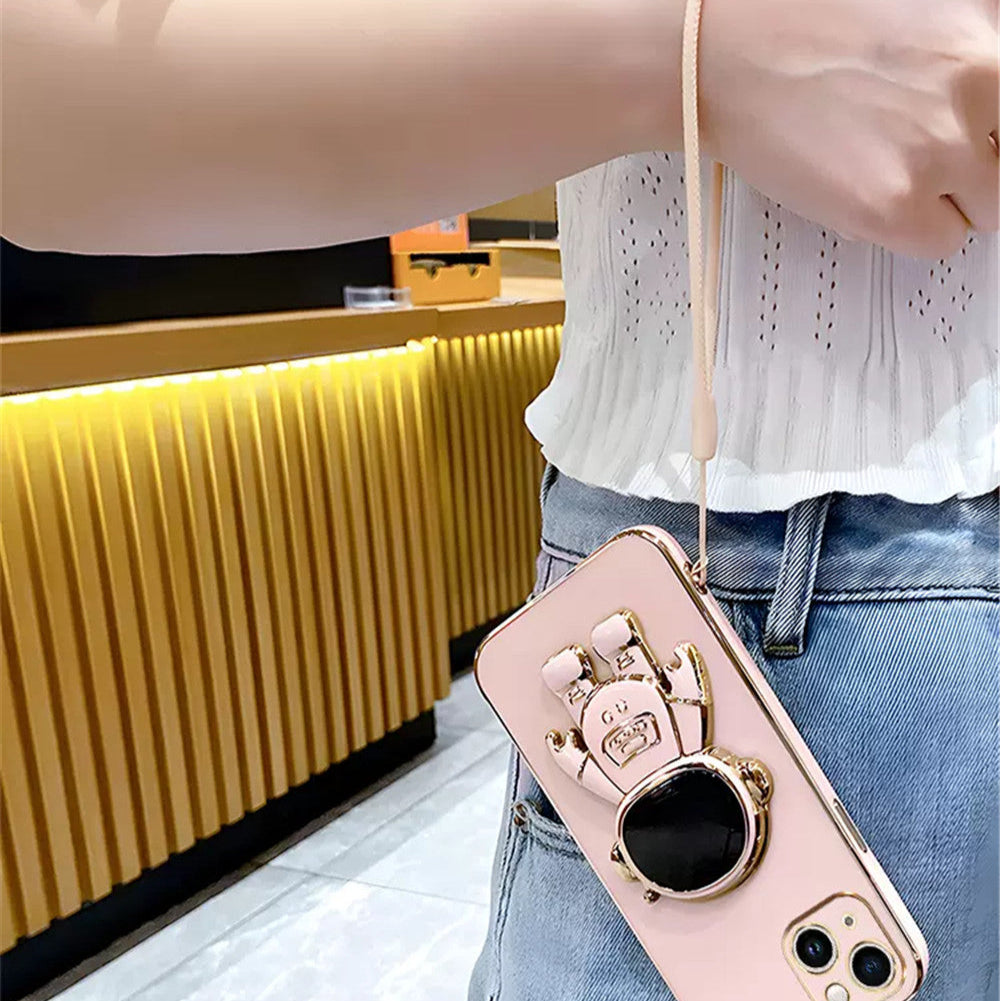 Luxus Crossbody-Lanyard Astronauten-Telefonhalterung und Ständer iPhone Hülle | MagSafe Case mit Rundumschutz und Kameralinsenschutzabdeckung für Apple iPhone 17/17 Air, 16/16e, 15, 14, 13 Pro Max Plus Cover | Panzertasche Handyhülle | Premium Schutzhülle