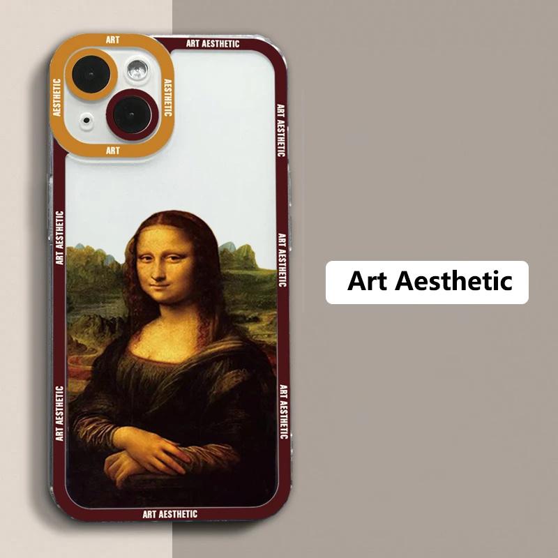 Premium Kunst Ästhetisches History Design: 'David & Mona Lisa' Klare iPhone-Hülle | MagSafe-Case Rundumschutz & Kameralinsenschutz für Apple iPhone 17/17 Air, 16/16e, 15, 14, 13 Pro Max Plus Cover | Stoßfeste Handyhülle Panzertasche Stoßstangenabdeckung