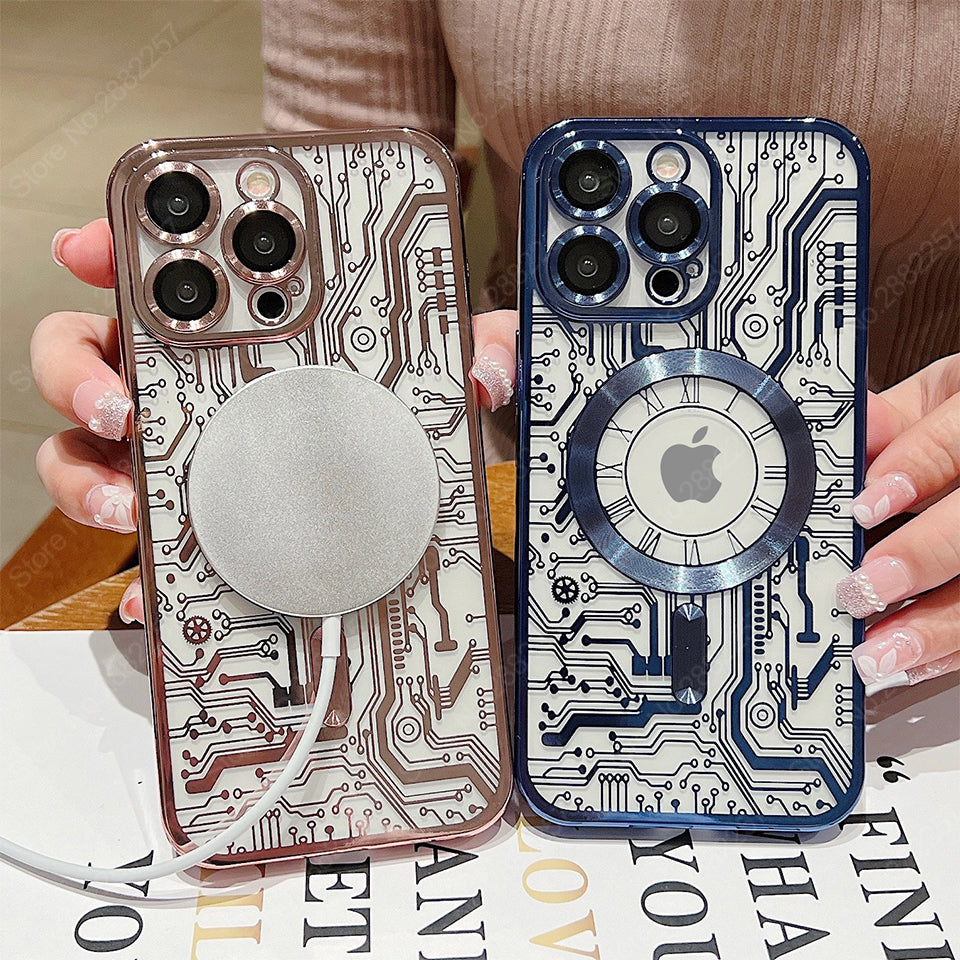 Premium Mechanische Uhr Textur Design Magnetische MagSafe Transparente iPhone-Hülle | Rundumschutz & Kameralinsenschutz Case für Apple iPhone 17/17 Air, 16/16e, 15, 14, 13 Pro Max Plus Cover | Stoßfeste Handyhülle mit Panzertasche & Stoßstangenabdeckung