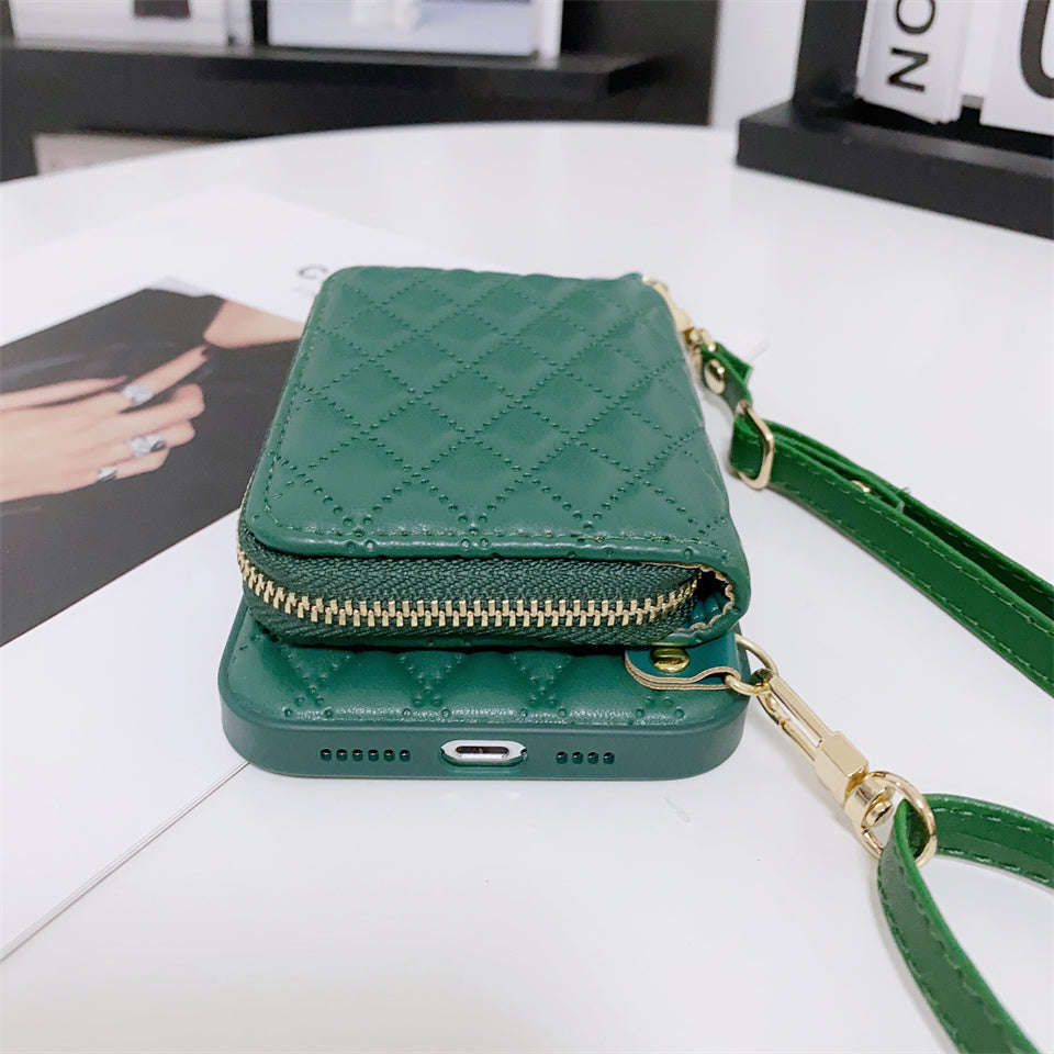 Luxus Leder Geldbörse Reißverschluss Crossbody Lanyard iPhone Hülle | MagSafe Case, Kameralinsenschutzabdeckung: Apple iPhone 17/17 Air, 16/16e, 15, 14, 13 Pro Max Plus Cover – Umhängeband, Schulterriemen, Kartenhalter Handyhülle | Premium Schutzhülle