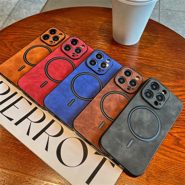 Hochwertige Leder MagSafe Case: Magnetische iPhone-Hülle | Stoßfestes Cover mit Kameraschutzabdeckung – Panzertasche für Apple iPhone 17/17 Air, 16/16e, 15, 14, 13 Pro Max Plus | Luxus Handyhülle