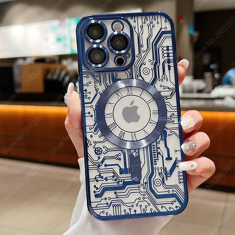 Premium Mechanische Uhr Textur Design Magnetische MagSafe Transparente iPhone-Hülle | Rundumschutz & Kameralinsenschutz Case für Apple iPhone 17/17 Air, 16/16e, 15, 14, 13 Pro Max Plus Cover | Stoßfeste Handyhülle mit Panzertasche & Stoßstangenabdeckung