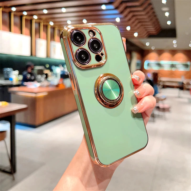 Luxus Silikon Magnetische Ringhalter und Ständer iPhone Hülle | MagSafe Case, Rundumschutz, Kameralinsenschutzabdeckung für Apple iPhone 17/17 Air, 16/16e, 15, 14, 13 Pro Max Plus Cover | Panzertasche, Stoßstangenabdeckung Handyhülle | Premium Schutzhülle