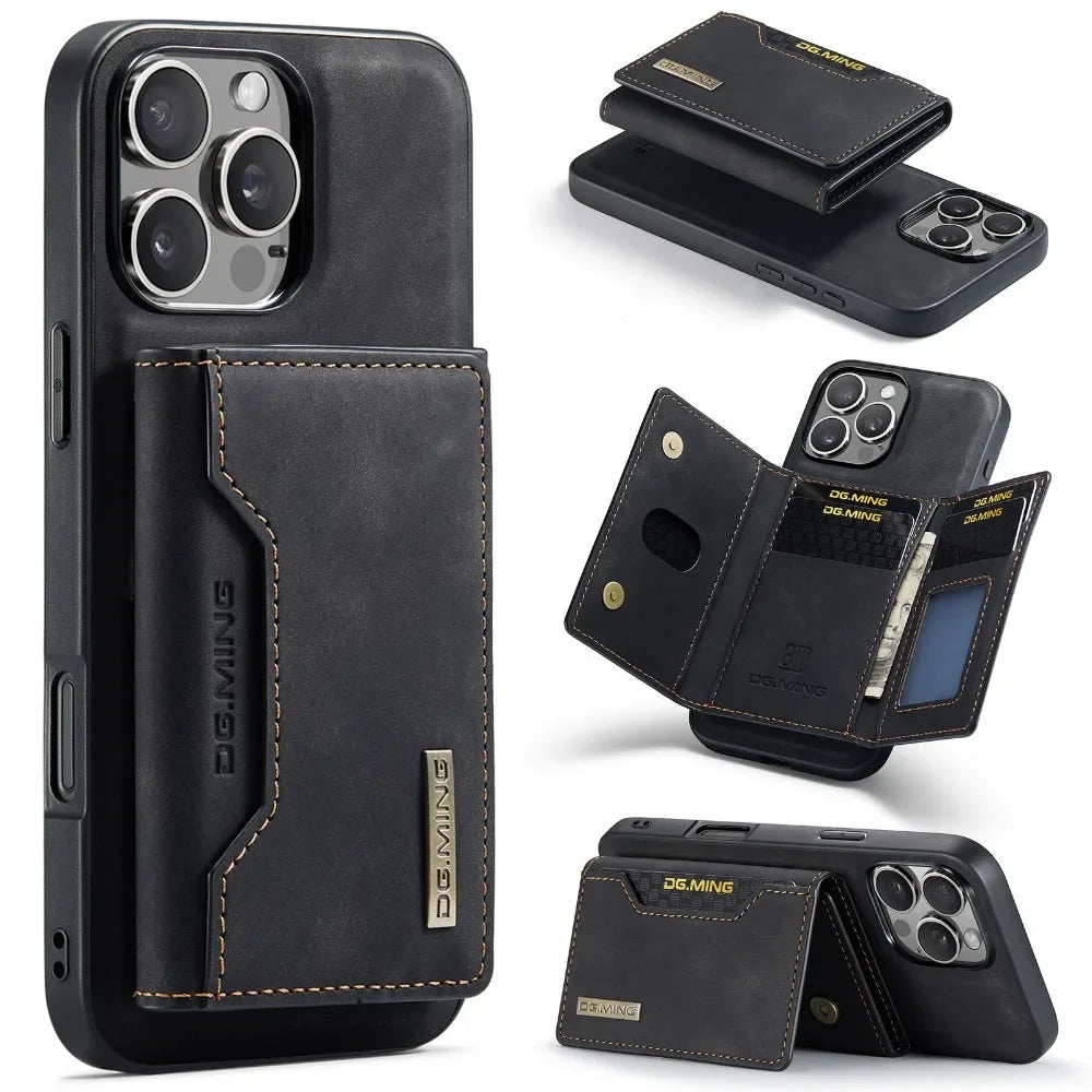 Premium Leder Magnetische Geldbörse mit Kartenhalter iPhone Hülle | MagSafe Case für Apple iPhone 17/17 Air, 16/16e, 15, 14, 13, 12 Pro Max, Plus - Rundumschutz Cover mit Kameralinsenschutz | Panzertasche Handyhülle | Wallet Schutzhülle