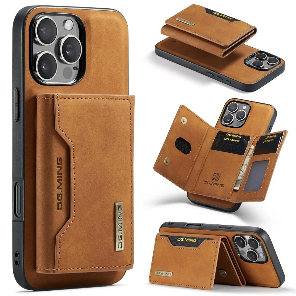 Premium Leder Magnetische Geldbörse mit Kartenhalter iPhone Hülle | MagSafe Case für Apple iPhone 17/17 Air, 16/16e, 15, 14, 13, 12 Pro Max, Plus - Rundumschutz Cover mit Kameralinsenschutz | Panzertasche Handyhülle | Wallet Schutzhülle