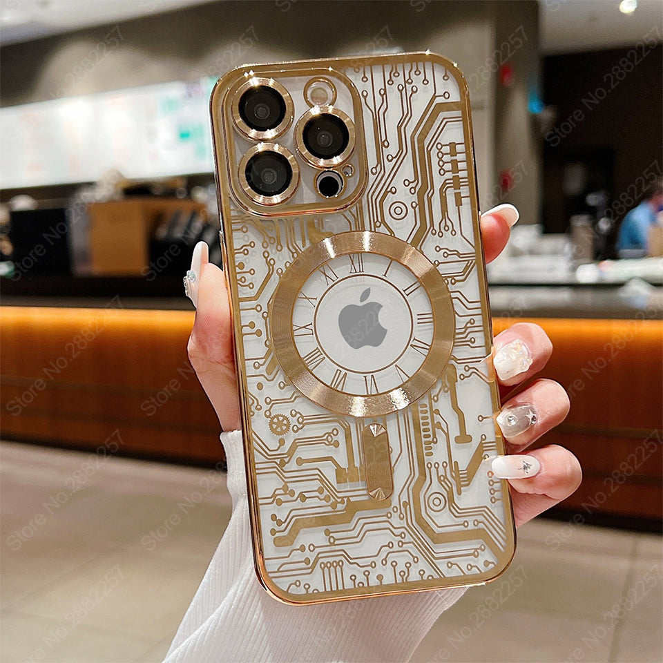 Premium Mechanische Uhr Textur Design Magnetische MagSafe Transparente iPhone-Hülle | Rundumschutz & Kameralinsenschutz Case für Apple iPhone 17/17 Air, 16/16e, 15, 14, 13 Pro Max Plus Cover | Stoßfeste Handyhülle mit Panzertasche & Stoßstangenabdeckung