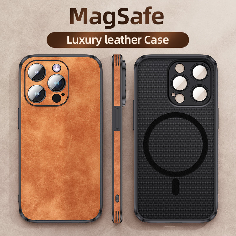 Hochwertige Leder-iPhone-Hülle mit stoßfester Kameraschutzabdeckung Tasche | MagSafe Case für Apple iPhone 16/15/14/13/12 Pro Max Plus Mini | Panzer-Cover Handyhülle