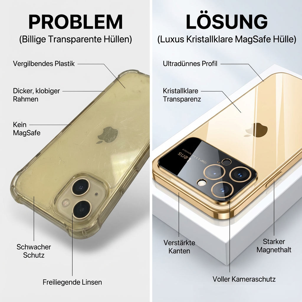 Luxus Apple iPhone Hülle mit Kameraschutz | Magsafe Case Hart-PC-Glas Klar Transparent Ultra Dünnes Silikon Cover und Linsenschutz | Stoßfänger Vollabdeckung Sturzsichere Premium Bumper Handyschutzhülle