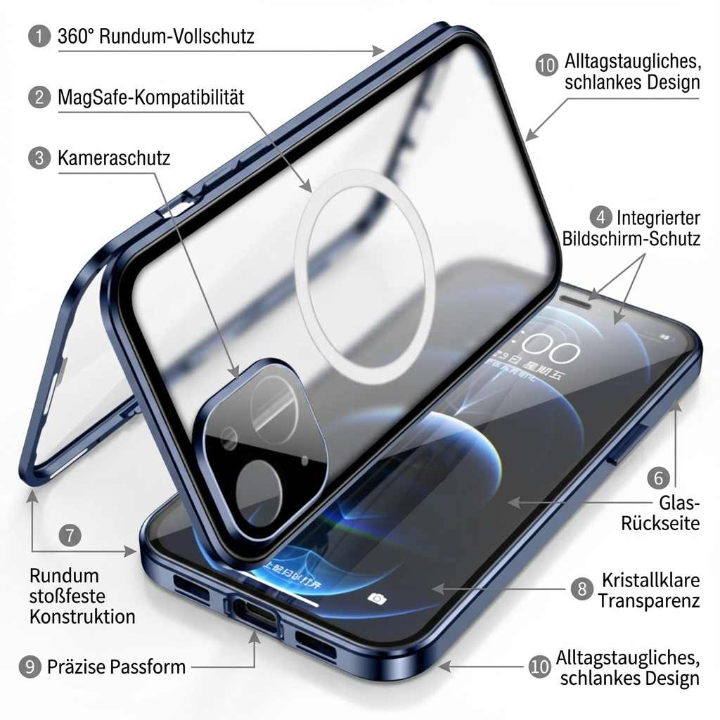 Magnetische iPhone Hülle | Magsafe, 360° Vollschutz, Kameraschutz & Bildschirmschutz Case, Aluminium & Glas, Rundum Stossfest, Transparente Handyschutzhülle & Klare Cover