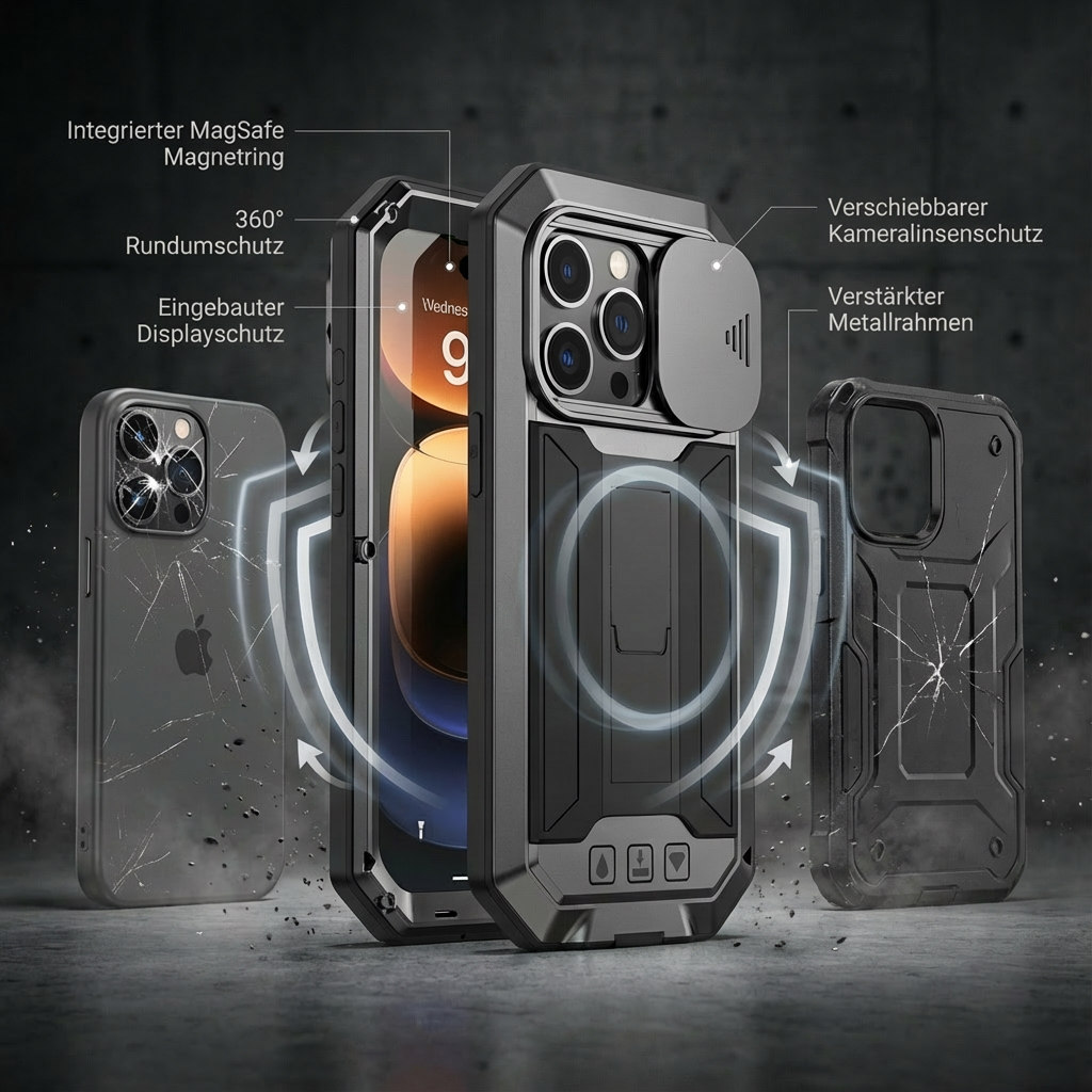 Military Heavy-Duty Metal iPhone Case – Full-Body Hybrid Cover with Slide Camera Protection & Built-in Screen Protector