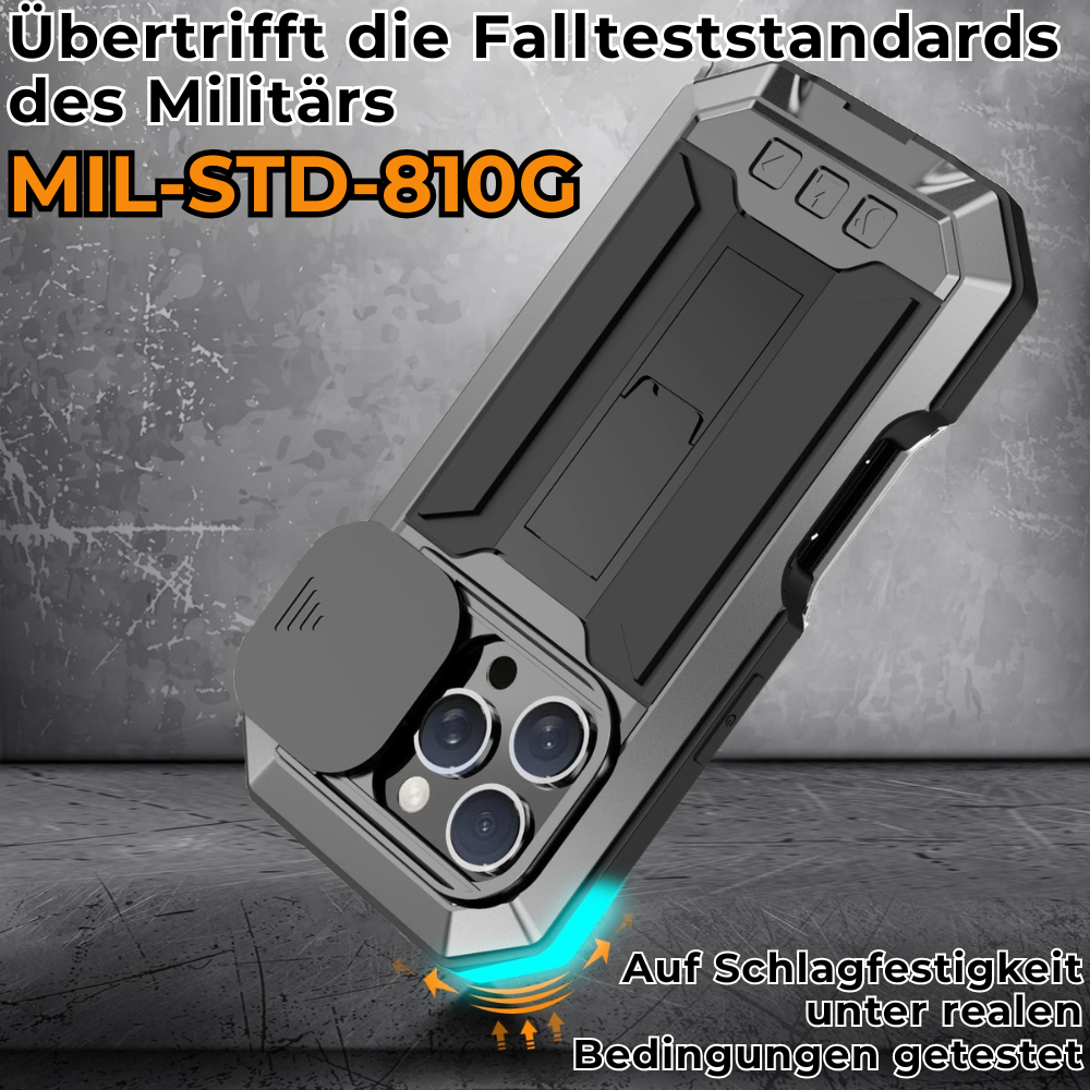 Military Heavy-Duty Metal iPhone Case – Full-Body Hybrid Cover with Slide Camera Protection & Built-in Screen Protector