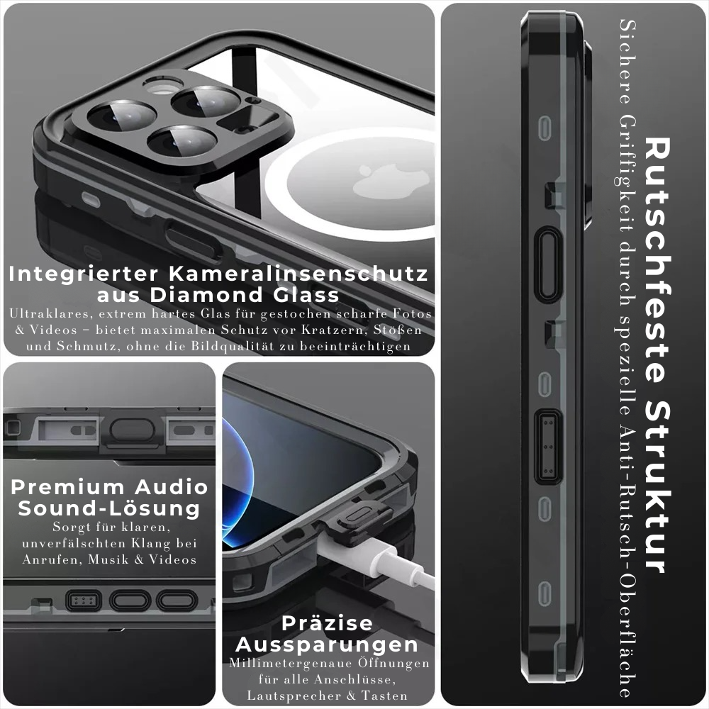 Premium IP68 Wasserdichte Magnet-Hülle mit MagSafe für Apple iPhone 16/16e, 15, 14, 13, 12 Pro Max, Pro, Plus & Mini: 360° Vollschutz Case, Militärpanzer-Design | Staubdicht, Stoßfest Cover mit Kameraschutz | Ideal für Tauchen und Schwimmen
