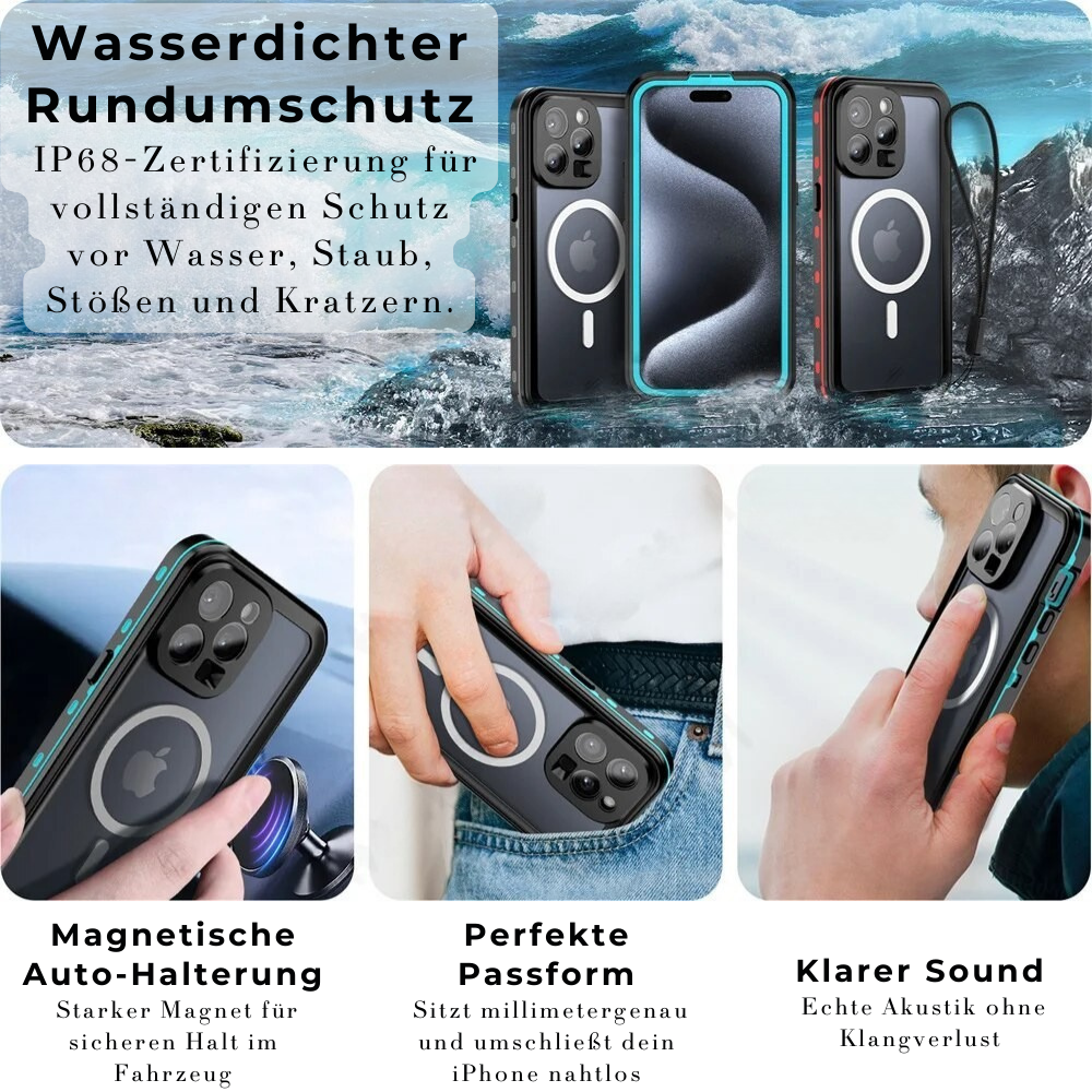 Premium IP68 Wasserdichte Magnet-Hülle mit MagSafe für Apple iPhone 16/16e, 15, 14, 13, 12 Pro Max, Pro, Plus & Mini: 360° Vollschutz Case, Militärpanzer-Design | Staubdicht, Stoßfest Cover mit Kameraschutz | Ideal für Tauchen und Schwimmen