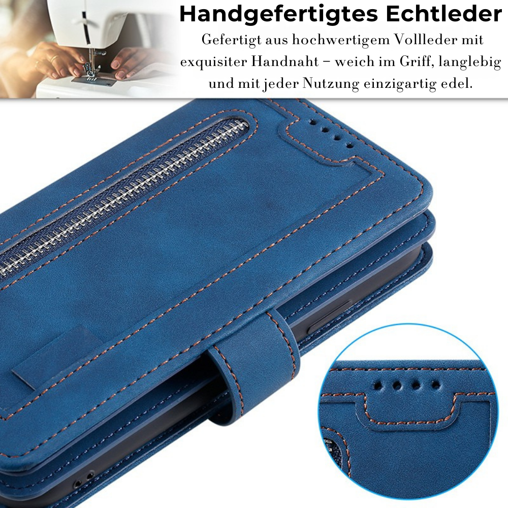 Hochwertige Leder-Handyhülle mit Reißverschluss, Kartenhalter, Stand und Riemen iPhone Hülle | Flip-Cover Case für Apple iPhone 17/17 Air, 16/16e, 15, 14, 13, 12 Pro Max, Pro, Plus & Mini - Vielseitige Schutzhülle
