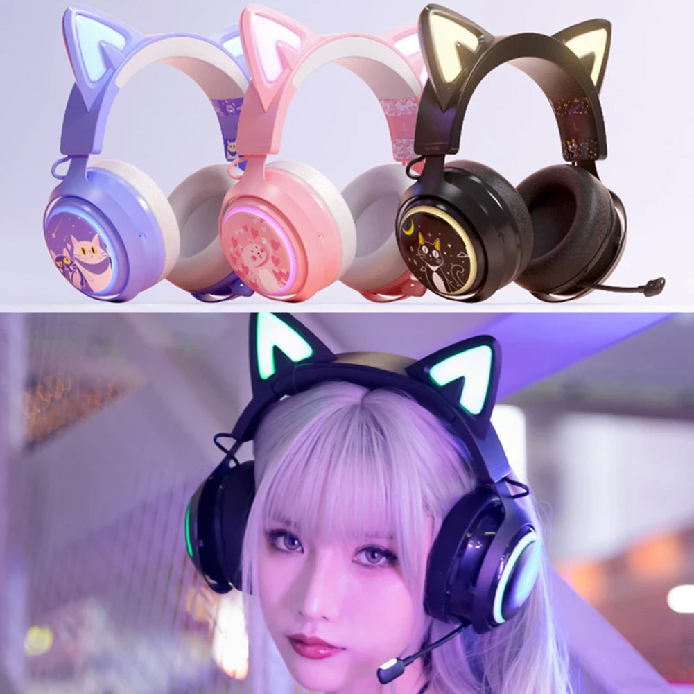Hochwertiges Onikuma X15 Pro Over-Ear Gaming-Headset mit Kabel | Geräuschunterdrückung, Rosa Katzenohren, RGB-Licht und