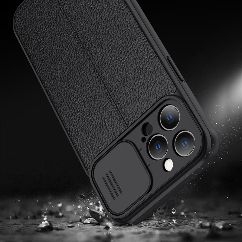 Hochwertiges Kamera Slider Objektiv mit luxuriöser Leder Textur iPhone Hülle | MagSafe Case mit Rundumschutz und Kameralinsenschutzabdeckung für Apple iPhone 17/17 Air, 16/16e, 15, 14, 13 Pro Max Plus Cover | Panzertasche Handyhülle | Premium Schutzhülle