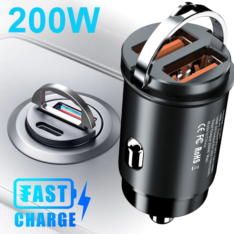 Hochwertiges 200W Mini-Autoladegerät mit Schnellladefunktion für Smartphones, Apple iPhone, Samsung, iOS & Android  Xiaomi, Huawei | QC 3.0 PD, USB Typ C Autotelefonladegerät