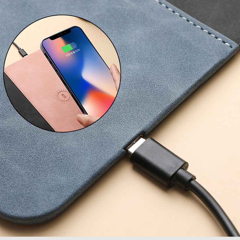 Premium Mauspad mit Qi Kabelloses Ladepad für Smartphones, Apple iPhone, Samsung, iOS & Android Watch, AirPods, Xiaomi, Huawei: USB-C, Handyhalterung, 2-in-1 PU-Leder-Matte